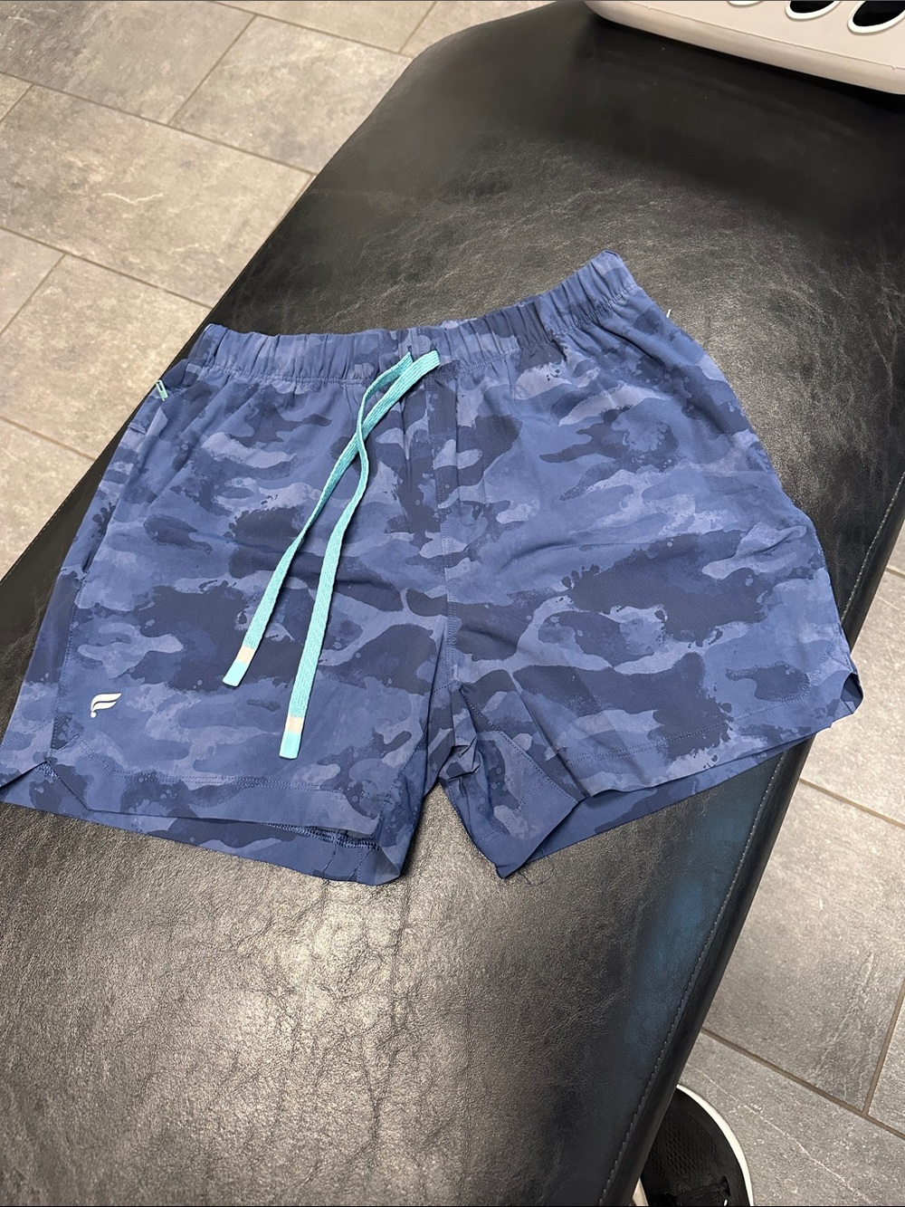 Fabletics Blue Camo Swim Trunks with Aqua Drawstring